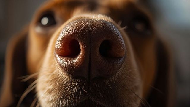 Capturing brown dog nose macro closeup showing wet nostril texture and whisker detail