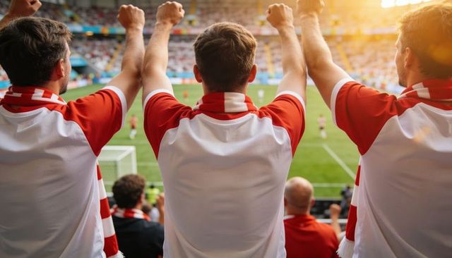 Fans cheering and raising arms in stadium wearing red and white shirts and scarves