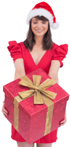 Smiling Woman in Santa Hat Holding Gift Box with Bow on Transparent Background