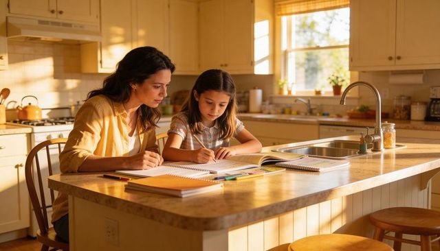 Mother helping daughter with homework at sunlit kitchen island family learning moment