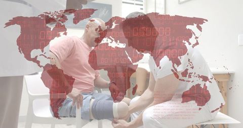 Clinician fitting knee brace for patient in clinic with global digital health overlay