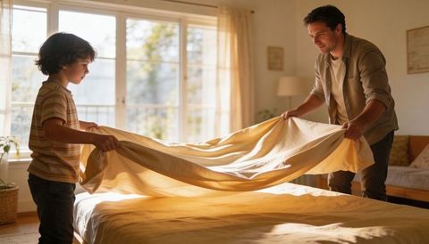 Father and son making bed together in sunlit bedroom morning routine, cozy family bonding