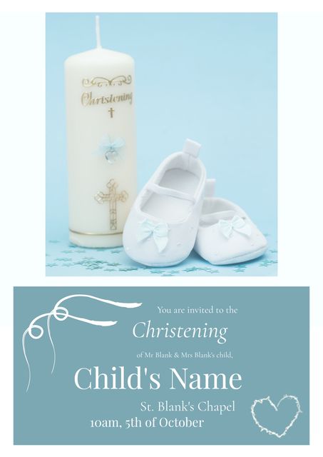 Christening Invitation Template with Candle and White Baby Shoes - Download Free Stock Templates Pikwizard.com