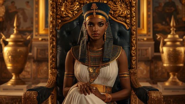 Determined queen sitting in royal egyptian setting