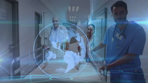 Doctors Quickly Transport Patient Through Hospital Technology Concept