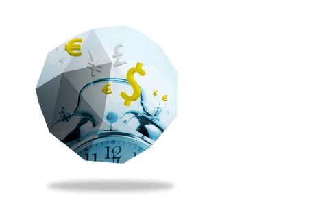Transparent globe of currency symbols with clock theme