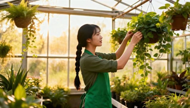 Asian woman tending hanging vine in sunlit greenhouse nursery, gardening and plant care