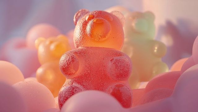 Glowing red gummy bear on pink cushions macro candy close-up with sugar crystals