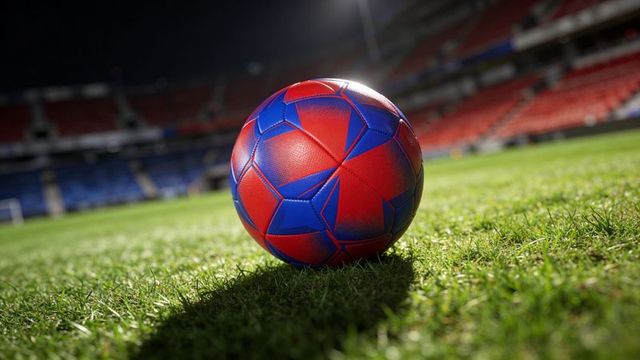 Resting red and blue soccer ball on illuminated grass pitch under floodlights for sports marketing