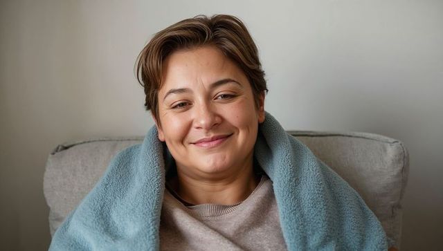 Smiling woman wrapped in teal blanket relaxing on couch, cozy minimalist home portrait
