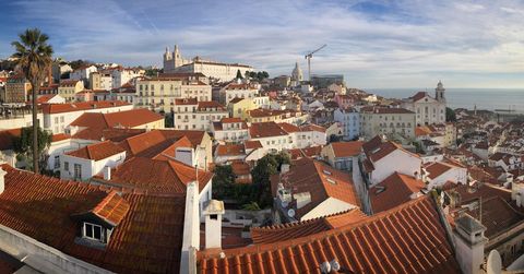 Lisbon Alfama Rooftops Panorama Showcasing Terracotta Tiles, Historic Churches, Tagus River View