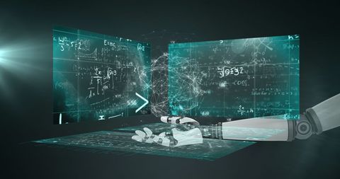 robotic hand and digital screens with mathematical equations - Download Free Stock Images Pikwizard.com