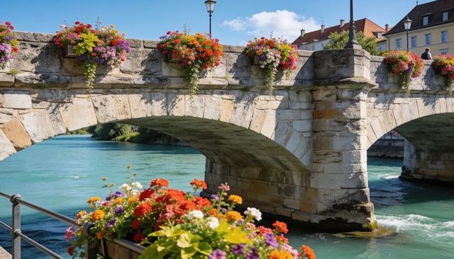 Historic stone arch bridge with cascading flower boxes over turquoise riverfront