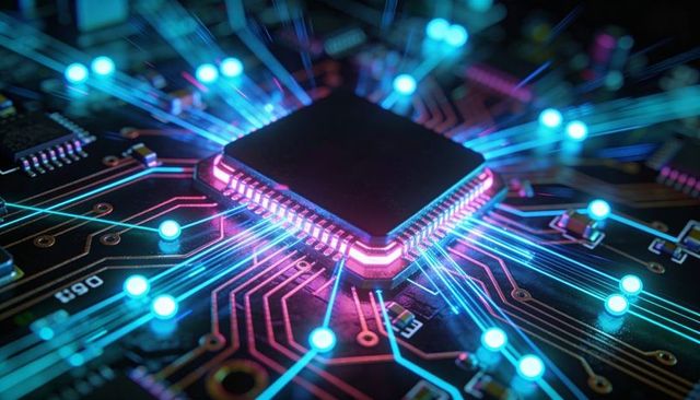 Neon-lit microchip radiating glowing circuit traces on high-tech PCB closeup for AI concepts
