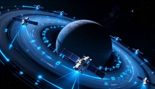 Orbiting Probes Scanning Ringed Gas Giant with Blue Data Beams and AI Telemetry Network