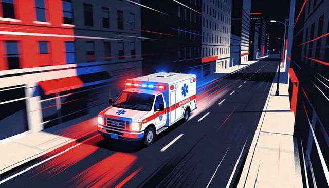 Racing ambulance through city night with flashing red and blue lights and motion blur