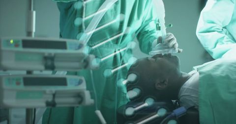 Medical Team in Surgery with DNA Strand Overlay