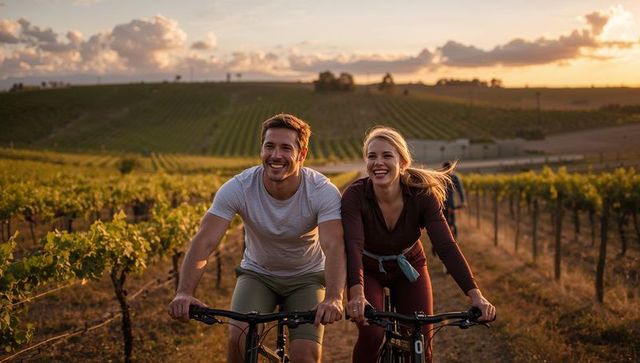 Couple cycling through vineyard at golden hour smiling on dirt track