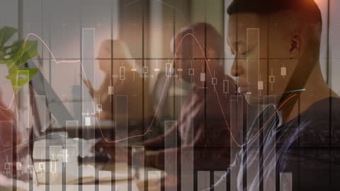 Business Team Analyzing Market Data with Digital Interface Overlay