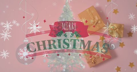 Festive christmas greeting with tree and gift decorations