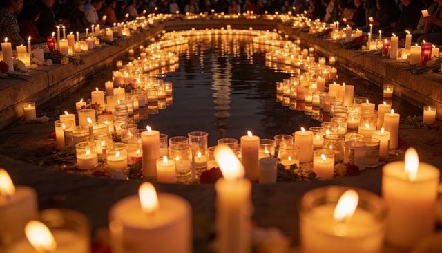Candlelit path along reflecting pool at night for solemn vigil and communal remembrance