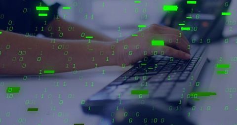 Woman typing on keyboard with green binary code overlay representing cybersecurity