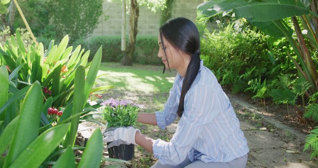 Image of biracial woman in sunny garden planting flowers and smiling. Happiness, health, domestic life and inclusivity concept.