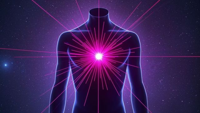 Torso radiating neon core energy against cosmic starfield with magenta radial beams
