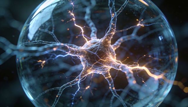 Glowing neuron floating inside translucent vesicle sending electric synapse sparks