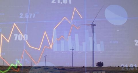 Wind Turbines with Financial Charts Overlay Visualizing Renewable Energy Market Growth