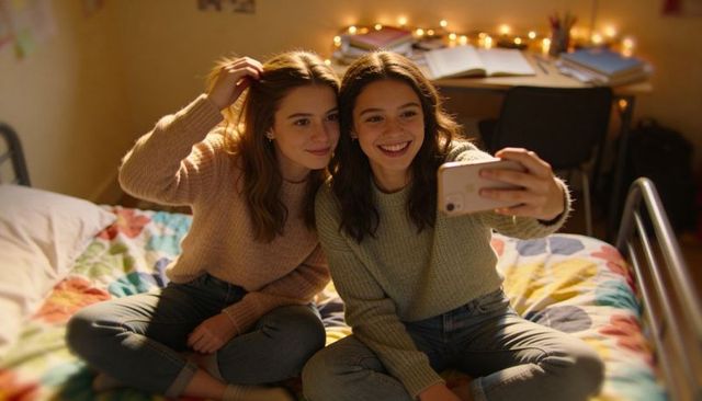 Teen friends taking selfie on colorful quilted bed in cozy bedroom