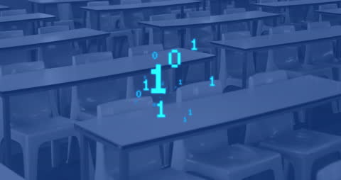 Binary Code Floating Over Empty Classroom Desks