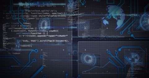 Visualizing global cyber network with code overlay, hud rings, circuitry and data flow