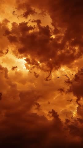 Glowing Red-Gold Clouds Shifting with Drifting Birds — Dramatic Vertical Sky Footage