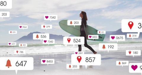 Surfer Walking Beach with Social Media Notification Graphics