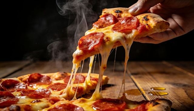 Lifting pepperoni pizza slice stretching gooey mozzarella, steam rising over rustic wood