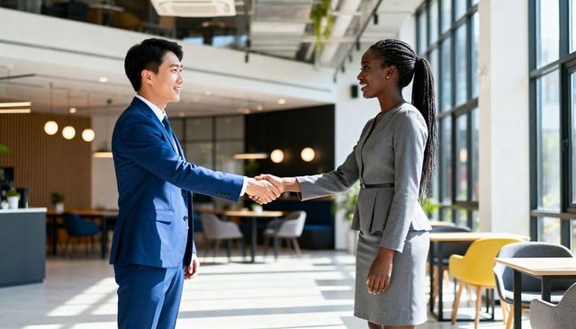 Business professionals shaking hands in modern bright office with large windows