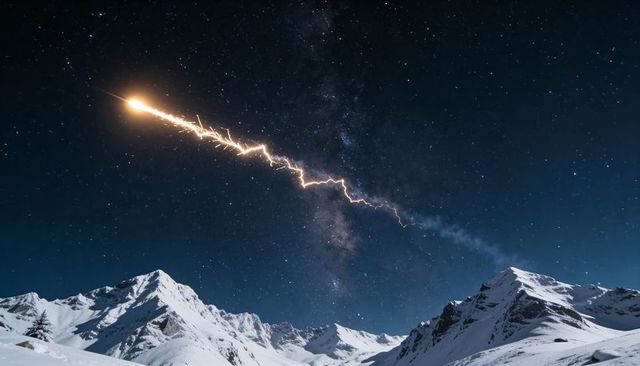 Fireball meteor streaking across milky way above snow-covered alpine peaks at night