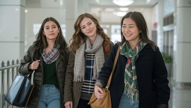 Three friends walking through bright transit concourse wearing winter coats and scarves