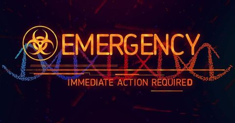 Emergency biohazard alert neon dna helix graphic with immediate action required warning