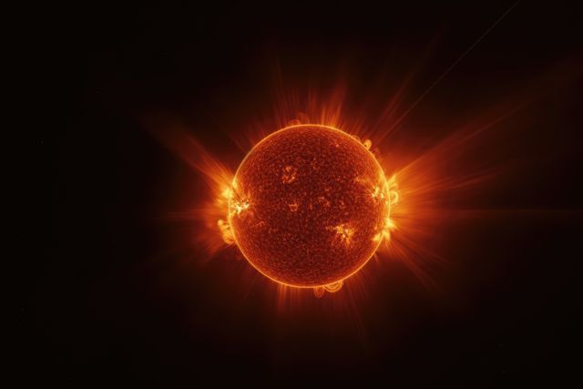 Depicting a close-up view of the Sun with vivid solar flares, great for educational and research materials in astronomy, space exploration, and cosmic energy concepts. Can be used in blogs, articles, and publications about solar studies, science tutorials, or background for digital media on space topics.