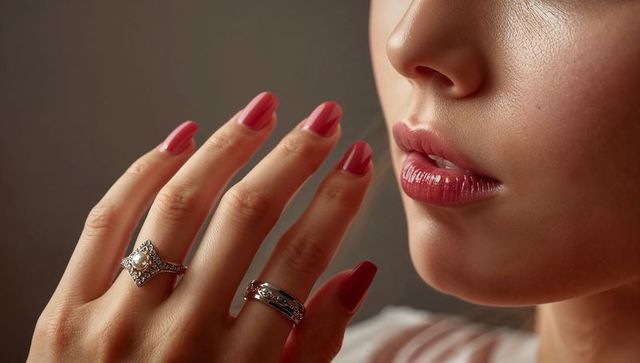 Close-up of Fashionable Woman with Red Nails and Elegant Jewelry