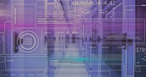 Translucent HUD analytics dashboard overlay sweeping through modern corridor with people
