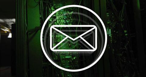 Envelope icon overlaying green data center racks representing secure email network