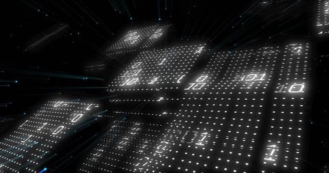 Floating digital matrix binary panels in futuristic cyberspace