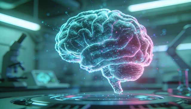 Neon Holographic Brain Hovering Over Lab Console Representing Neural Networks and AI