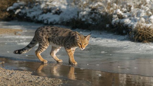Striped tabby cat walking on thin ice along snowy shoreline at golden hour