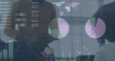 Diverse team analyzing finance data in modern office