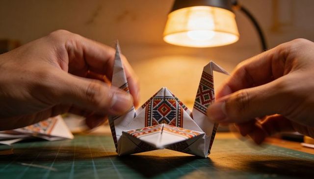 Hands folding patterned origami crane on cutting mat with warm lamp glow in cozy craft space