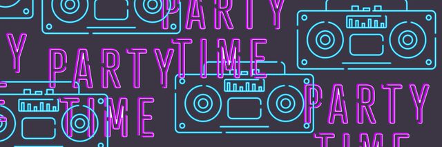 Composition of party time text over radio icons. Party and celebration concept digitally generated image.
